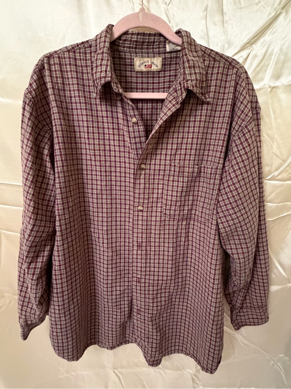 Vintage County Seat Men’s XL Plaid Button Down Shirt Burgundy 100% Cotton